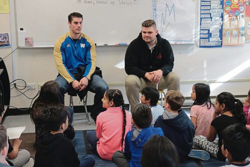 Canstar Community News Winnipeg Blue Bombers players Ian Wild (left) and Matthias Goosen spoke to a Grade 4 class at Ecole Constable Edward Finney on April 11, 2017.
