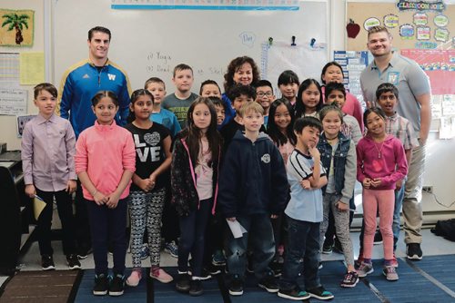 Canstar Community News Winnipeg Blue Bombers players Ian Wild and Matthias Goosen with Ecole Constable Edward Finneys Grade 4 class on April 11, 2017.