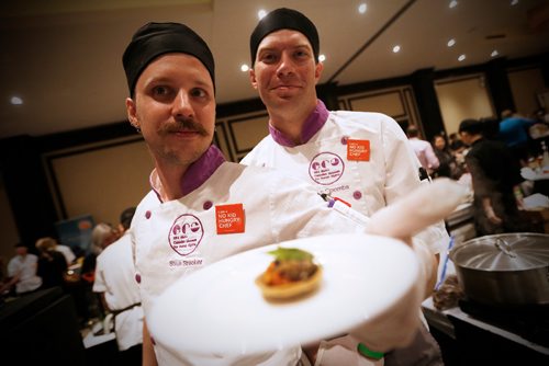 JOHN WOODS / WINNIPEG FREE PRESS
Era chef Steve Strecker  and sous chef Dan Coombs prepared Red Lentil stew, Black Bean and Chickpea Cornmeal with Quinoa Cracker at the Taste Of The Nation for No Kid Hungry 2017 fundraising event at the Fairmont Monday, April 17, 2017.
