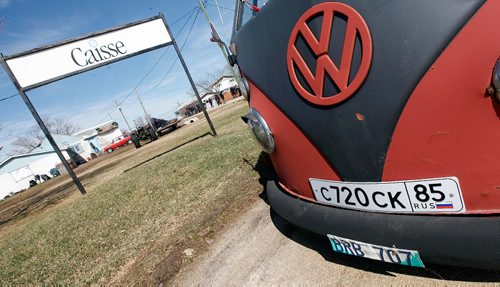 PHIL HOSSACK / WINNIPEG FREE PRESS  -  Prepped for scenes in the movie Siberia a modified VW van sports both Russian and Manitoba plates in Marquette Manitoba Tuesday. See Alex Paul story.  -  April 18,  2017