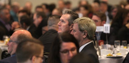 WAYNE GLOWACKI / WINNIPEG FREE PRESS

In centre, Premier Brian Pallister listens to his introduction before he gave the keynote speech at the Manitoba Chambers of Commerce breakfast Wednesday at the RBC Convention Centre.¤  Nick Martin story April 19 2017