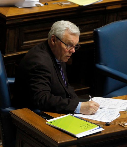 BORIS MINKEVICH / WINNIPEG FREE PRESS
Greg Selinger at his seat in the House of the Manitoba Legislature one year after his government lost power. Larry Kusch story.. April 18, 2017