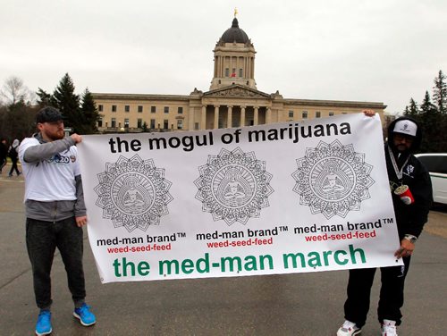 BORIS MINKEVICH / WINNIPEG FREE PRESS
420 celebrations at the Legislative Building grounds. A parade of a small group of people escorted by police. The route was from the leg to the Canadian Museum of Human Rights and back. April 20, 2017