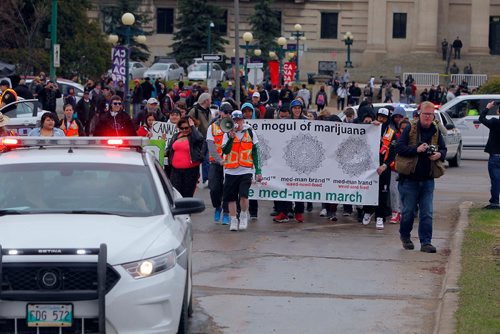 BORIS MINKEVICH / WINNIPEG FREE PRESS
420 celebrations at the Legislative Building grounds. A parade of a small group of people escorted by police. The route was from the leg to the Canadian Museum of Human Rights and back. April 20, 2017