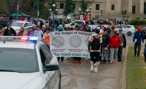 BORIS MINKEVICH / WINNIPEG FREE PRESS
420 celebrations at the Legislative Building grounds. A parade of a small group of people escorted by police. The route was from the leg to the Canadian Museum of Human Rights and back. April 20, 2017