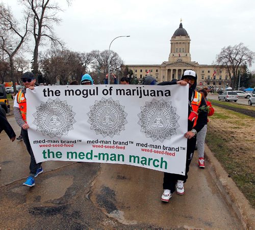 BORIS MINKEVICH / WINNIPEG FREE PRESS
420 celebrations at the Legislative Building grounds. A parade of a small group of people escorted by police. The route was from the leg to the Canadian Museum of Human Rights and back. April 20, 2017