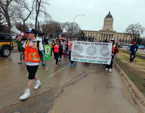 BORIS MINKEVICH / WINNIPEG FREE PRESS
420 celebrations at the Legislative Building grounds. A parade of a small group of people escorted by police. The route was from the leg to the Canadian Museum of Human Rights and back. Marijuana activist Steven Stairs leads march.
April 20, 2017