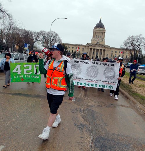BORIS MINKEVICH / WINNIPEG FREE PRESS
420 celebrations at the Legislative Building grounds. A parade of a small group of people escorted by police. The route was from the leg to the Canadian Museum of Human Rights and back. Marijuana activist Steven Stairs leads march.  April 20, 2017