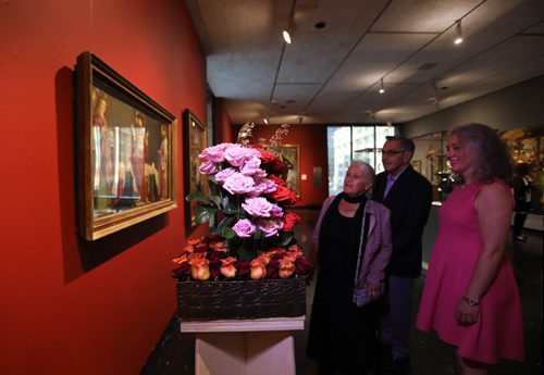 RUTH BONNEVILLE /  WINNIPEG FREE PRESS

Hazel Borys (pink), PaceMakers Inc. shows her floral interpretation of Artwork by unidentified German Master titled, Christ and Two Evangelists  to with Connie Borys at the opening night of the, art in bloom. event at the WAG Thursday evening.
 Standup photo 
April 20, 2017