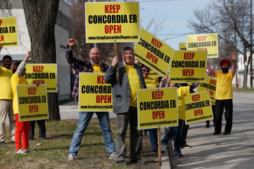 JOHN WOODS / WINNIPEG FREE PRESS
Jim Maloway (C) and his supporters were out at Elmwood Curling Club talking about the closing of the emergency room at Concordia Hospital  Sunday, April 23, 2017.