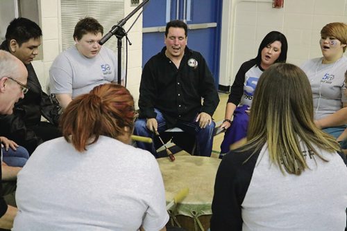 Canstar Community News April 20, 2017 - R.B. Russell Vocational High School students and staff play drums and sing traditional Indigenous songs at the schools 50th anniversary celebration. (LIGIA BRAIDOTTI/CANSTAR COMMUNITY NEWS/TIMES)