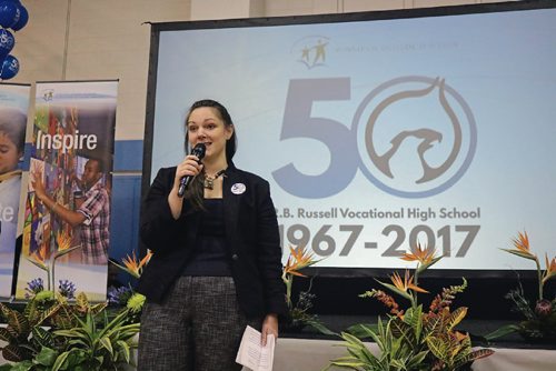 Canstar Community News April 20, 2017 - Winnipeg School Division chair of the board Sherri Rollins speaks at R.B. Russell Vocational High Schools 50th anniversary celebration. (LIGIA BRAIDOTTI/CANSTAR COMMUNITY NEWS/TIMES)