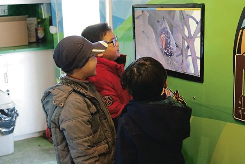 Canstar Community News April 19, 2017 - from left to right: Victory School Grade 3 students Rylann Galarse, Nate Balagtas and Benjamin Sode watch a video about agriculte inside the Seed Survivor Mobile. (LIGIA BRAIDOTTI/CANSTAR COMMUNITY NEWS/TIMES)