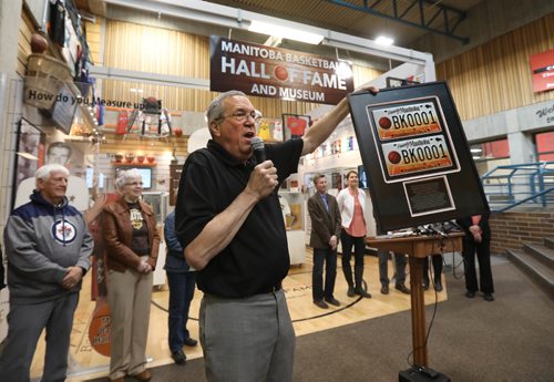 RUTH BONNEVILLE /  WINNIPEG FREE PRESS

Ross Wedlake with the Manitoba Basketball Hall of Fame and Museum shows off the new Basketball license plate after announcing the 2017 Basketball nductees at Duckworth Centre Tuesday.  


April 25, 2017