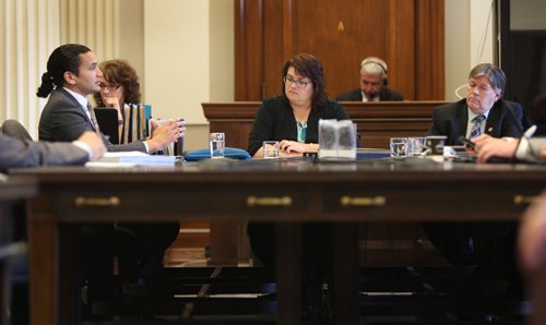 WAYNE GLOWACKI / WINNIPEG FREE PRESS

From left, Wab Kinew, NDP MLA , Colleen Mayer, chair and PC MLA and  Ian Wishart Minister of Education and Training at the Education and Training Estimate meeting in the Manitoba Legislative bld. Tuesday afternoon. Nick Martin / Larry Kusch stories April 25 2017