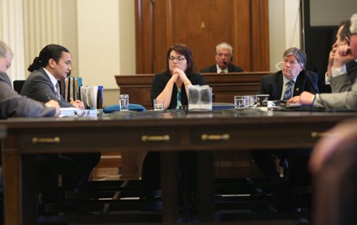 WAYNE GLOWACKI / WINNIPEG FREE PRESS

From left, Wab Kinew NDP MLA, Colleen Mayer, chair and PC MLA and  Ian Wishart, Minister of Education and Training at the Education and Training Estimate meeting in the Manitoba Legislative bld. Tuesday afternoon. Nick Martin / Larry Kusch stories April 25 2017