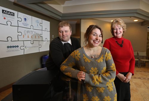 RUTH BONNEVILLE /  WINNIPEG FREE PRESS

Philanthropy Page: Mood Disorders Association of Manitoba
Photo of  exec dir Tara Brousseau Snider (right, red), Adam Milne volunteer coordinator and Alex Hambleton (centre) volunteer.  
See Kevin Rollason story. 
April 25, 2017