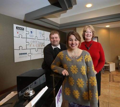 RUTH BONNEVILLE /  WINNIPEG FREE PRESS

Philanthropy Page: Mood Disorders Association of Manitoba
Photo of  exec dir Tara Brousseau Snider (right, red), Adam Milne volunteer coordinator and Alex Hambleton (centre) volunteer.  
See Kevin Rollason story. 
April 25, 2017