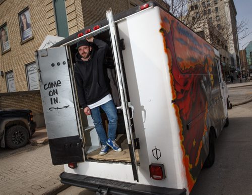 MIKE DEAL / WINNIPEG FREE PRESS
Eric Olek is starting up a fashion truck he is calling Nomad which will carry his Friday Knights line of clothes.
170427 - Thursday, April 27, 2017.