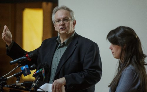 MIKE DEAL / WINNIPEG FREE PRESS
Christian Maes Nino (right) from Social Planning Council of Winnipeg and Darren Lezubski (left) from End Homelessness Winnipeg speak during the launch of the Street Health Survey Project at the Circle of Life Thunderbird House on Higgins Ave.
170427 - Thursday, April 27, 2017.