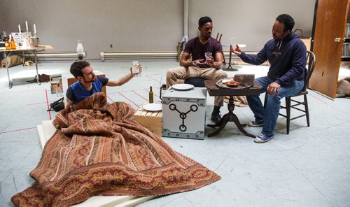 MIKE DEAL / WINNIPEG FREE PRESS
Cast of the Whipping Man by Matthew Lopez rehearse Thursday afternoon. (from left) Jesse Nurenberg, Christopher Allen, and Ray Strachan.
170427 - Thursday, April 27, 2017.