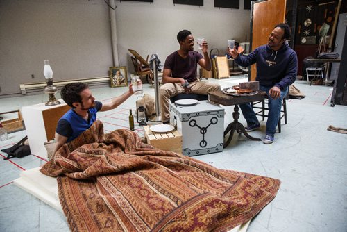 MIKE DEAL / WINNIPEG FREE PRESS
Cast of the Whipping Man by Matthew Lopez rehearse Thursday afternoon. (from left) Jesse Nurenberg, Christopher Allen, and Ray Strachan.
170427 - Thursday, April 27, 2017.
