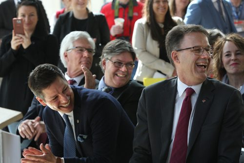 WAYNE GLOWACKI / WINNIPEG FREE PRESS
Seated in front from right, RRC president Paul Vogt, Mayor Brian Bowman, Ian Wishart, Minister of Education and Training beside
Jim Carr, Minister of Natural Resources at the announcement Thursday for the $90-million-plus building to be built on the north side of Elgin Avenue, immediately north of the Roblin Centre on Princess Street. Martin Cash story April 27 2017