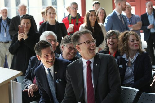 WAYNE GLOWACKI / WINNIPEG FREE PRESS

Seated in front from right, RRC president Paul Vogt, Mayor Brian Bowman, Ian Wishart, Minister of Education and Training beside 
Jim Carr, Minister of Natural Resources at the announcement Thursday for the $90-million-plus building to be built on the north side of Elgin Avenue, immediately north of the Roblin Centre on  Princess Street.   Martin Cash  story  April 27 2017