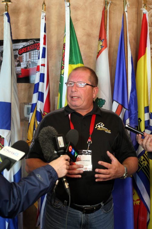 WAYNE GLOWACKI / WINNIPEG FREE PRESS

Barry Moroz, Chef de mission from Manitoba speaks to media Friday regarding the 2017 Canada Summer Games. Provincial and Territorial delegations from across Canada are in Winnipeg this week for the M2 conference. Jason Bell story  April 28 2017
