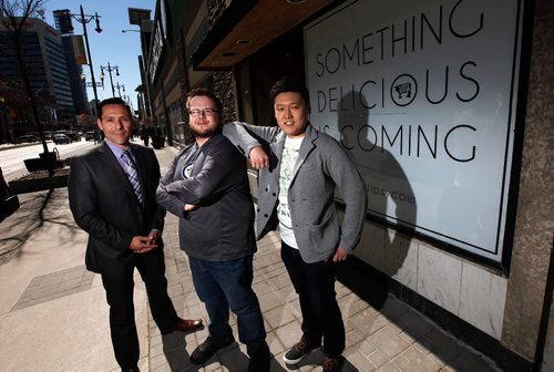 PHIL HOSSACK / WINNIPEG FREE PRESS  -  MARIO POSILLIPO, (left) senior advisor in sales and leasing with Capital Commercial Real Estate Services Inc.,poses in front of a new restaurant/ bar that will be opening near the end of June. Called The Tipsy Cow, JOSH MESOJEDNIK, (centre) a local restaurateur, and  partner WILL BANG  (right)it will specialize in gourmet burgers, beer, whiskey and cocktails. -  See story.   -  April 28,  2017