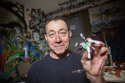 MIKE DEAL / WINNIPEG FREE PRESS
Tom Kowalsky founder of the Winnipeg Drone Racing League and organizer of the first organized indoor drone race at the Graffiti Gallery Sunday afternoon. One of the prizes he is providing is a tiny customized nano wasp drone.
170430 - Sunday, April 30, 2017.