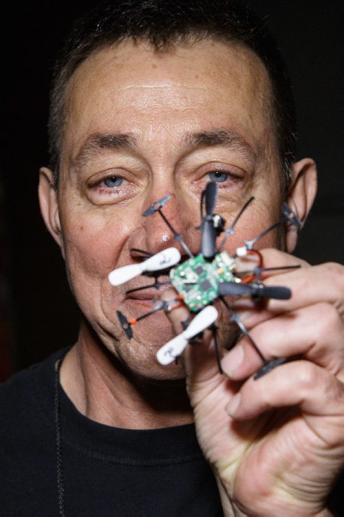 MIKE DEAL / WINNIPEG FREE PRESS
Tom Kowalsky founder of the Winnipeg Drone Racing League and organizer of the first organized indoor drone race at the Graffiti Gallery Sunday afternoon. One of the prizes he is providing is a tiny customized nano wasp drone.
170430 - Sunday, April 30, 2017.