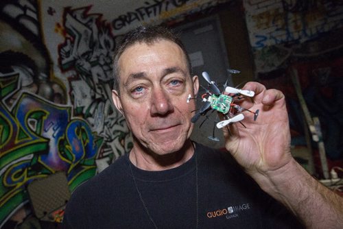 MIKE DEAL / WINNIPEG FREE PRESS
Tom Kowalsky founder of the Winnipeg Drone Racing League and organizer of the first organized indoor drone race at the Graffiti Gallery Sunday afternoon. One of the prizes he is providing is a tiny customized nano wasp drone.
170430 - Sunday, April 30, 2017.