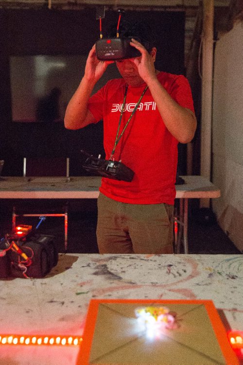 MIKE DEAL / WINNIPEG FREE PRESS
Marlon Evan gets ready to do a practice lap with his micro fpv drone during the first organized indoor drone race at the Graffiti Gallery Sunday afternoon.
170430 - Sunday, April 30, 2017.