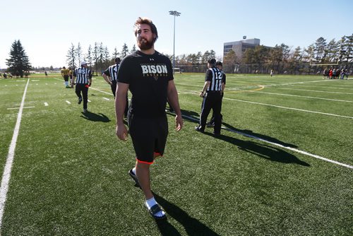 JOHN WOODS / WINNIPEG FREE PRESS
Geoff Grey has signed with a NFL team and spoke to media and his former team at the University of Manitoba Bison's football season kickoff scrimmage at the University of Manitoba Sunday, April 30, 2017.