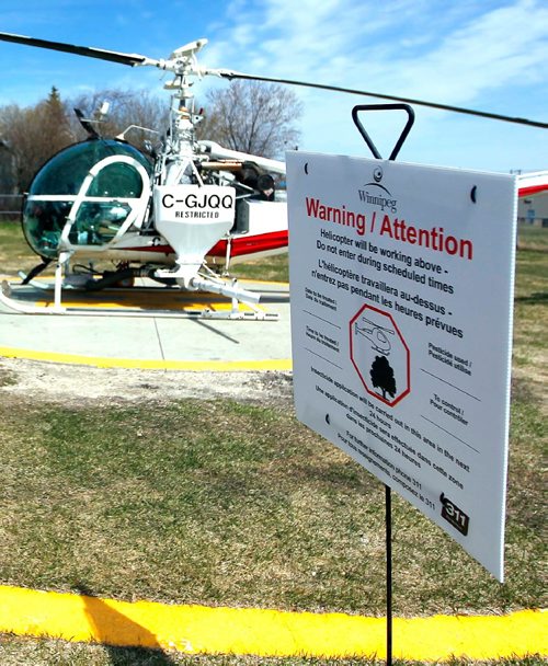 BORIS MINKEVICH / WINNIPEG FREE PRESS
Signs people will see during insect control season. Photo taken at the insect Control Branch Heliport  620 Tyne Avenue. ALDO SANTIN STORY. May 1, 2017