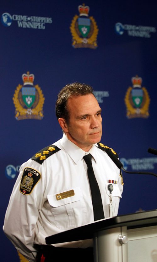 PHIL HOSSACK / WINNIPEG FREE PRESS  -  Winnipeg Police Chief Danny Smyth briefs media after a police shooting in the walkway over Garry street at Graham. See Mike MacIntyre's story.  -  May1, 2017