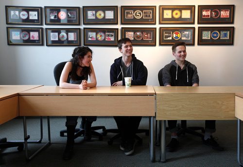 PHIL HOSSACK / WINNIPEG FREE PRESS  -  Left to right, Victoria Turko, Nicholas Vandale and Donald Plant chat with Erin LaBar about the Manitoba Music Mentorship program.  -  May1, 2017
