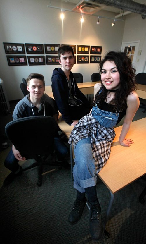 PHIL HOSSACK / WINNIPEG FREE PRESS  -  Left to right, Donald Plant, Nicholas Vandale and Victoria Turko, chatted with Erin LaBar about the Manitoba Music Mentorship program.  -  May1, 2017