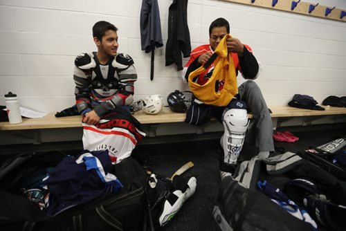 TREVOR HAGAN / WINNIPEG FREE PRESS
Omar Al Ziab, 15, and James Bernus prior to their Team Manitoba sledge hockey practice. Omar a Syrian refugee and amputee only took to the ice for the first time last August, Monday, May 1, 2017.