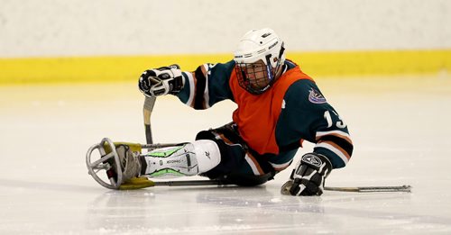 TREVOR HAGAN / WINNIPEG FREE PRESS
Team Manitoba sledge hockey practice featuring Omar Al Ziab, 15, a Syrian refugee and amputee who only took to the ice for the first time last August, Monday, May 1, 2017.
