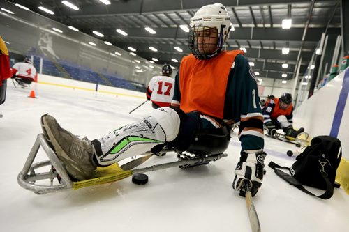 TREVOR HAGAN / WINNIPEG FREE PRESS
Team Manitoba sledge hockey practice featuring Omar Al Ziab, 15, a Syrian refugee and amputee who only took to the ice for the first time last August, Monday, May 1, 2017.