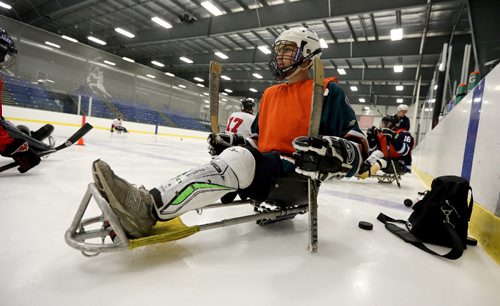 TREVOR HAGAN / WINNIPEG FREE PRESS
Team Manitoba sledge hockey practice featuring Omar Al Ziab, 15, a Syrian refugee and amputee who only took to the ice for the first time last August, Monday, May 1, 2017.