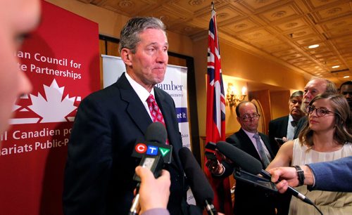 BORIS MINKEVICH / WINNIPEG FREE PRESS
Manitoba Premier Brian Pallister talks to the media after he gave the keynote address at a conference at the Fort Garry Hotel hosted by The Canadian Council for Public-Private Partnerships, (CCPPP) and The Winnipeg Chamber of Commerce. May 2, 2017