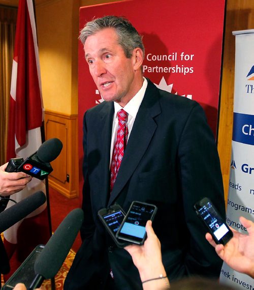 BORIS MINKEVICH / WINNIPEG FREE PRESS
Manitoba Premier Brian Pallister talks to the media after he gave the keynote address at a conference at the Fort Garry Hotel hosted by The Canadian Council for Public-Private Partnerships, (CCPPP) and The Winnipeg Chamber of Commerce. May 2, 2017