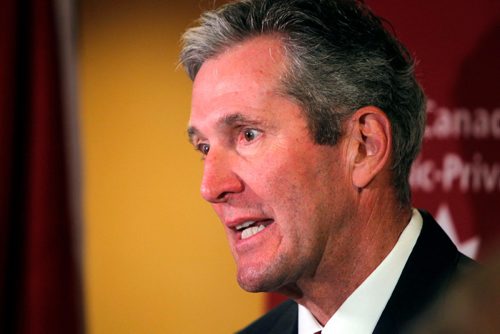 BORIS MINKEVICH / WINNIPEG FREE PRESS
Manitoba Premier Brian Pallister talks to the media after he gave the keynote address at a conference at the Fort Garry Hotel hosted by The Canadian Council for Public-Private Partnerships, (CCPPP) and The Winnipeg Chamber of Commerce. May 2, 2017