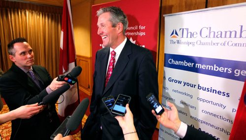 BORIS MINKEVICH / WINNIPEG FREE PRESS
Manitoba Premier Brian Pallister talks to the media after he gave the keynote address at a conference at the Fort Garry Hotel hosted by The Canadian Council for Public-Private Partnerships, (CCPPP) and The Winnipeg Chamber of Commerce. May 2, 2017