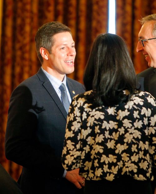 BORIS MINKEVICH / WINNIPEG FREE PRESS
Winnipeg Mayor Brian Bowman, left, talks some people before the speeches at a conference at the Fort Garry Hotel hosted by The Canadian Council for Public-Private Partnerships, (CCPPP) and The Winnipeg Chamber of Commerce. May 2, 2017