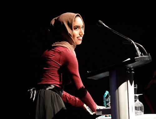 PHIL HOSSACK / WINNIPEG FREE PRESS  -  Mirha Zohair accepts the Gerrie Hammond Memorial Award of Promise Wednesday evening at the RBC Convention Centre.The award is presented to a young woman enrolled in school withing Winnipeg graduating from grade 12 in 2017.  Mirha is described as a leader of change at her school.  -  May3, 2017