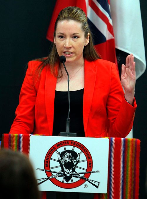 BORIS MINKEVICH / WINNIPEG FREE PRESS
Lawyer Jessica Sanders, D'ARCY & DEACON LLP, at night hunting accusations press conference at the Manitoba Metis Federation Home Office. May 4, 2017